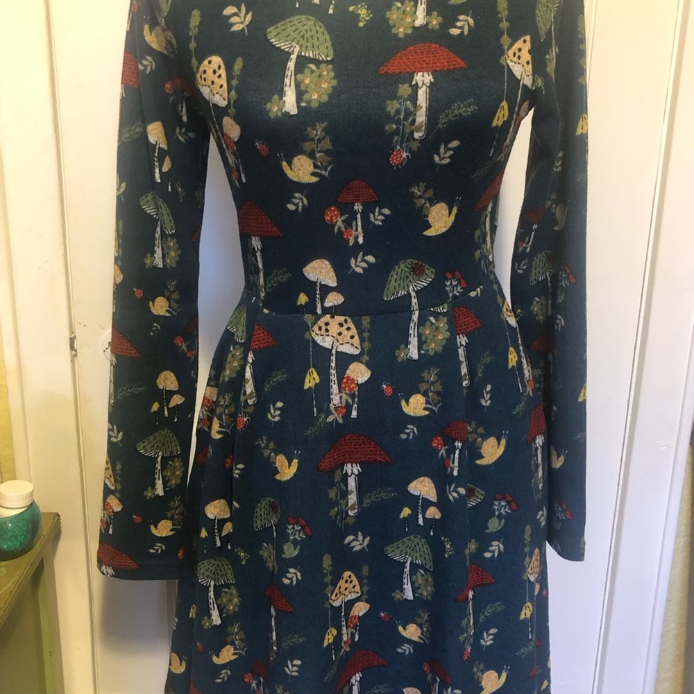 Mushroom Print Long Sleeve Dress - Dark Teal